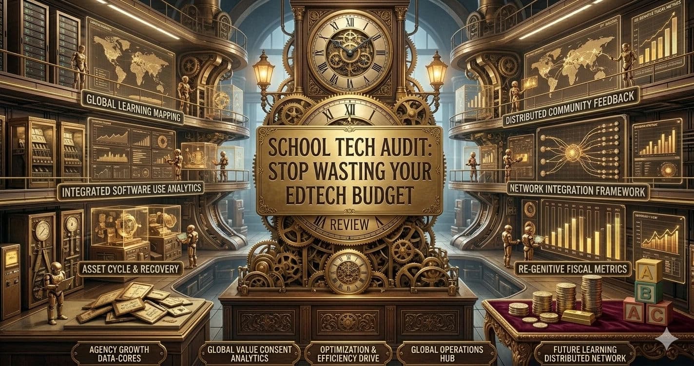 A detailed diorama comparing EdTech needs and budget optimization across multi-story classroom exhibits.