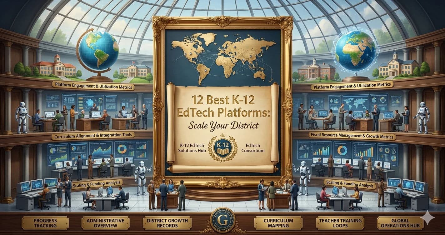 Detailed digital illustration of a global education technology hub for K-12 districts.